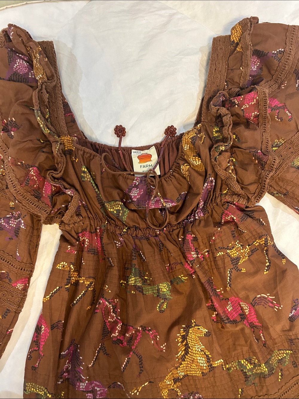 FARM Rio Brown Dotted Horses Ruffled Maxi Dress with Square Neckline. Size S - Picture 4 of 16